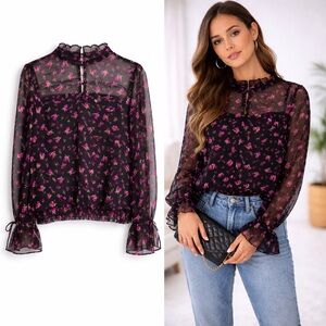 Vintage 90s Y2K Express Sheer Floral Blouse Black Pink Ruffle Sleeve Fairy Top M